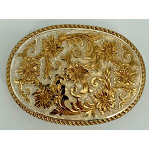 Classic Western Belt Buckle Crumrine Silver Plate On Bronze Floral Scroll Gold